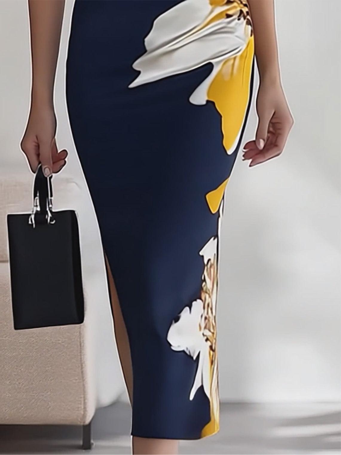 Elegancka Midi Sukienka na Przyjęcie w Miejscu Pracy z Wzorem