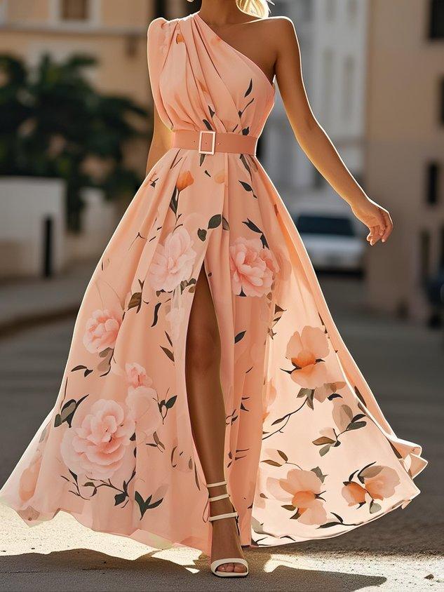 Jasnozielona Kwiatowa Sukienka Maxi Chiffon z Rękawem na Jedno Ramie
