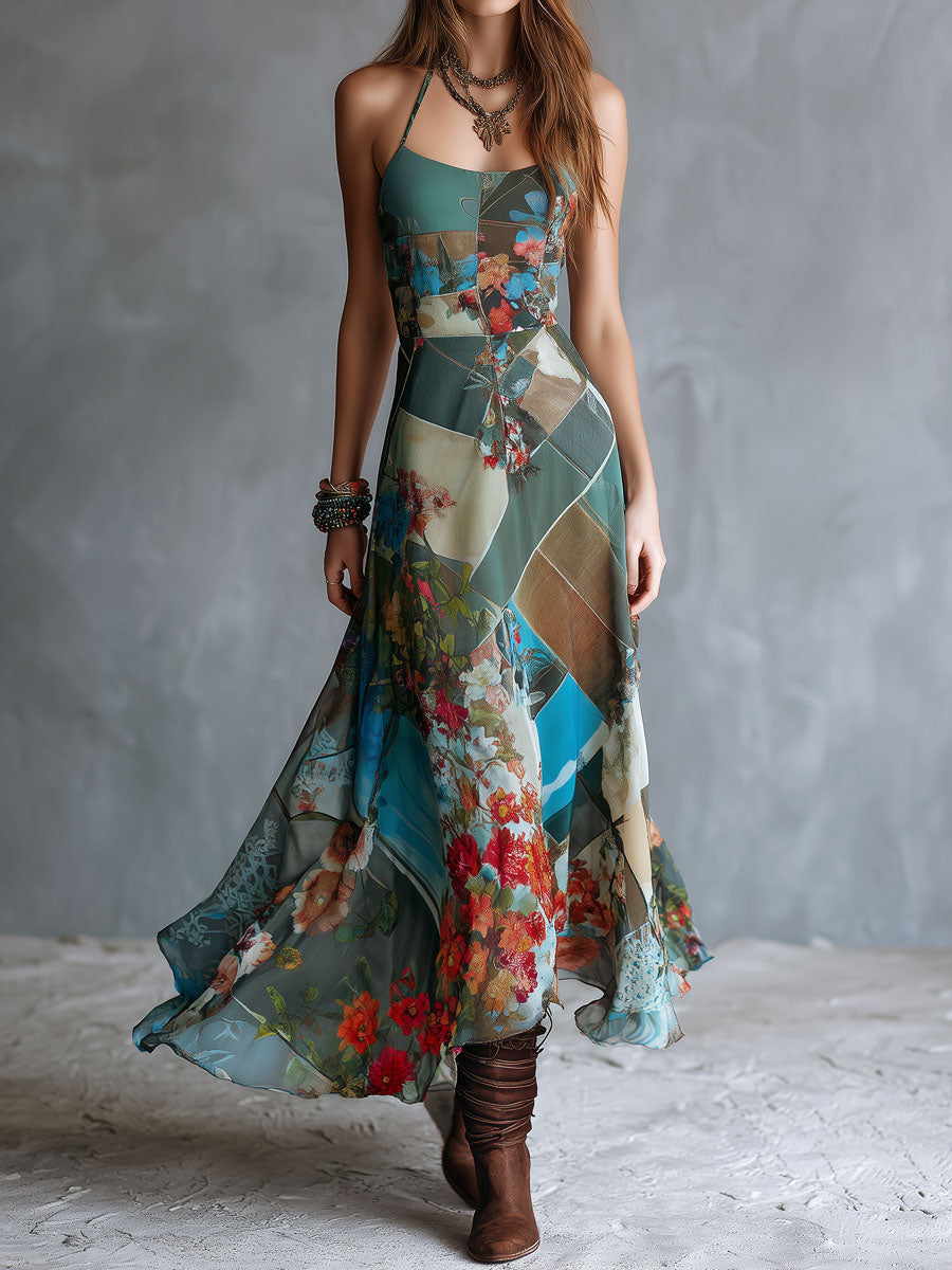 Retro Boho-Style Sukienka z Kwiatowym Haftem