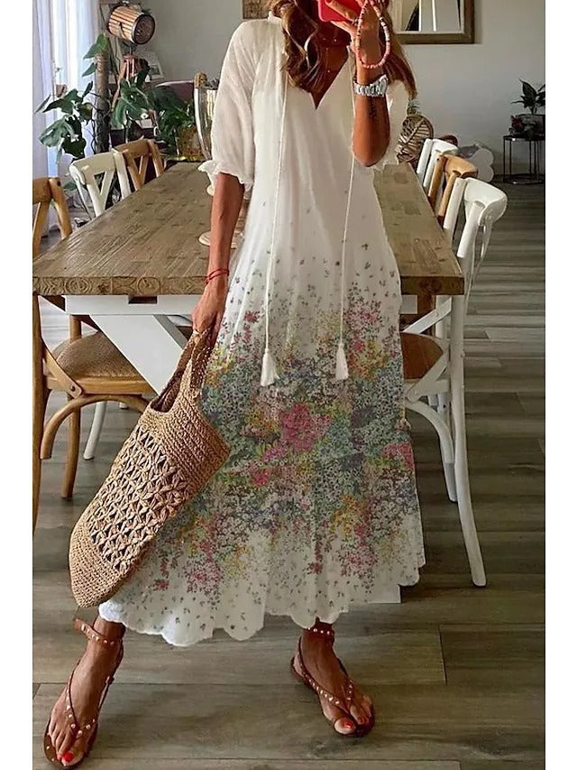 Casual Luźna Sukienka Maxi z Dekoltem w Serek