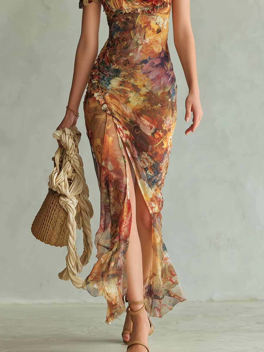 Pomarańczowa Boho Sukienka Maxi z Wydrukiem Olejnym na Wakacje
