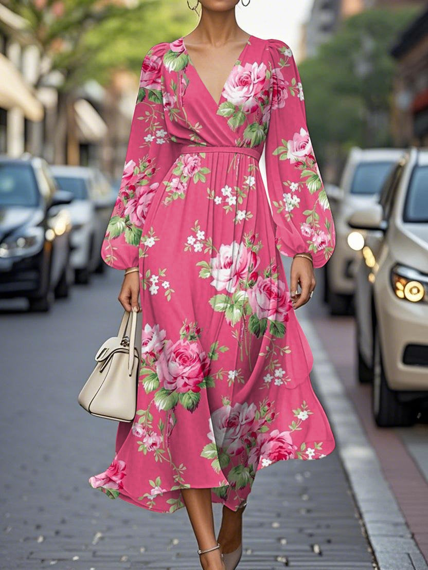 Elegancka Kwiatowa Sukienka Midi z Chiffonu z Dekoltem w Serek
